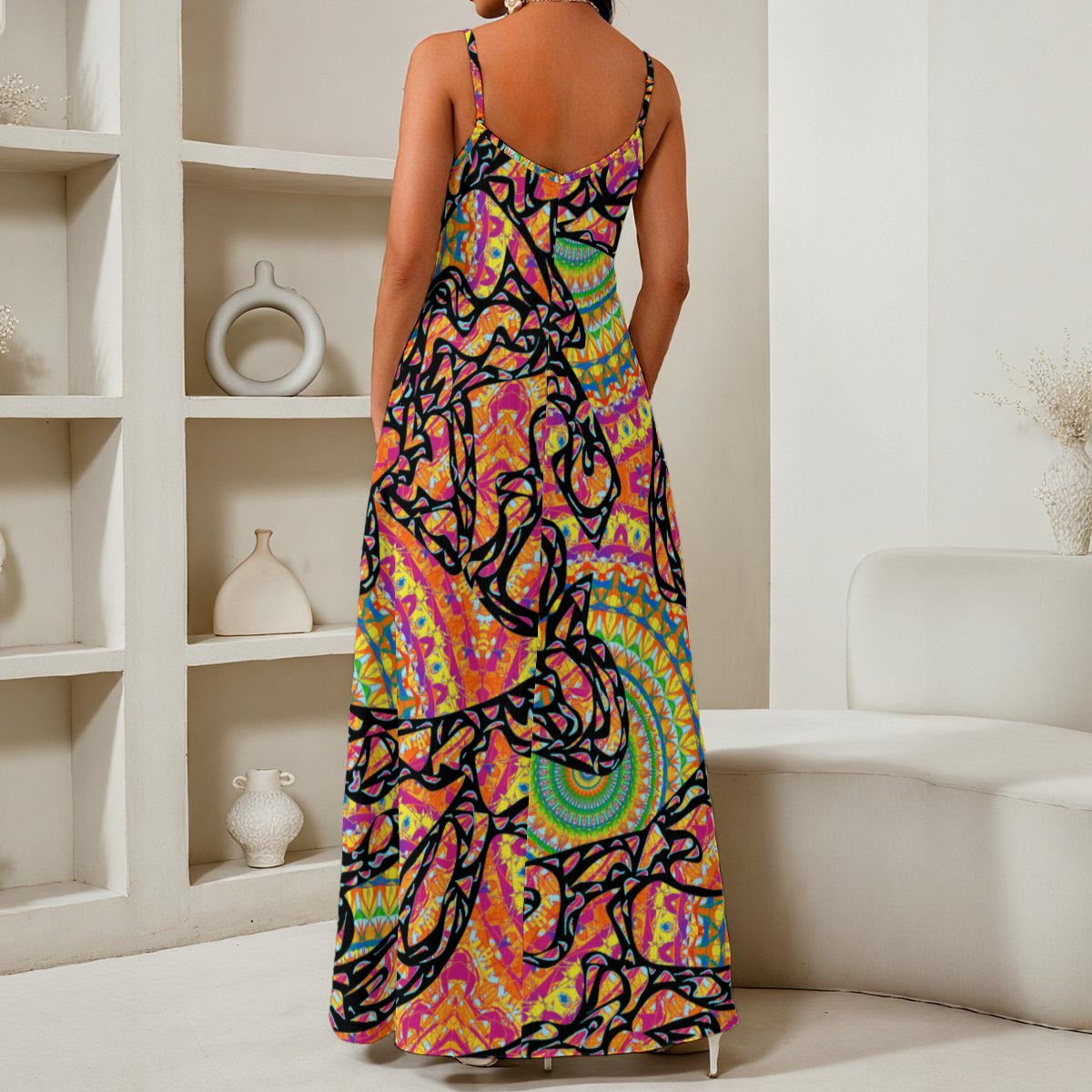Festival In Black All-Over Print Women's Elegant V-Neck Maxi Dress