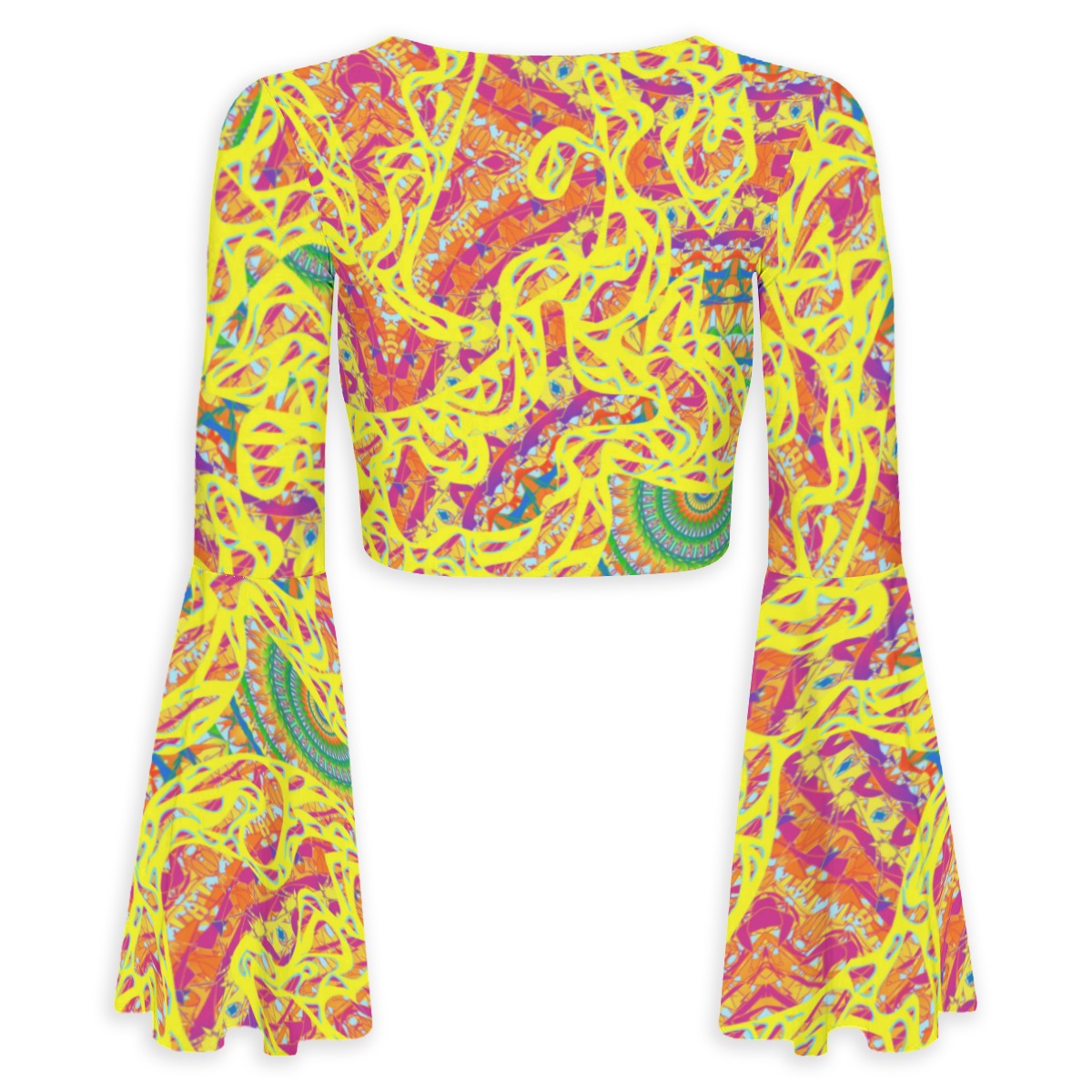 Festive Yellow All-Over Print Women's Elegant Flared Sleeve Tie-Front Crop Top