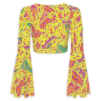Festive Yellow All-Over Print Women's Elegant Flared Sleeve Tie-Front Crop Top