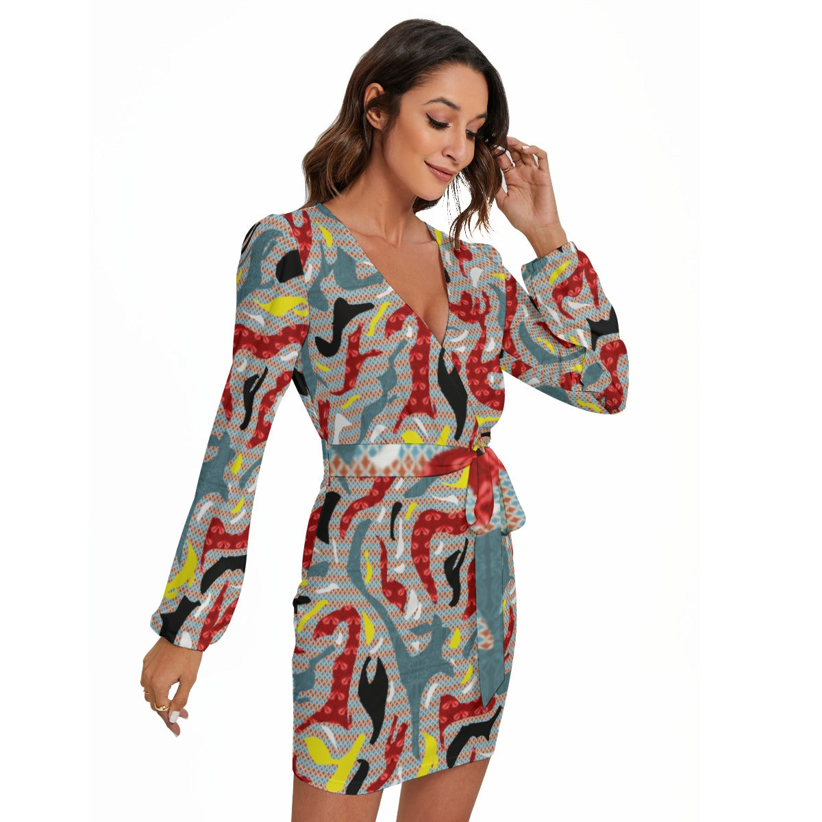Coloful Maze All-Over Print Women's Long Sleeve Dress With Waist Belt