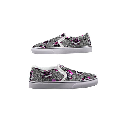 Rhinestone Pink Flowers In Black And White Women's Slip On Sneakers
