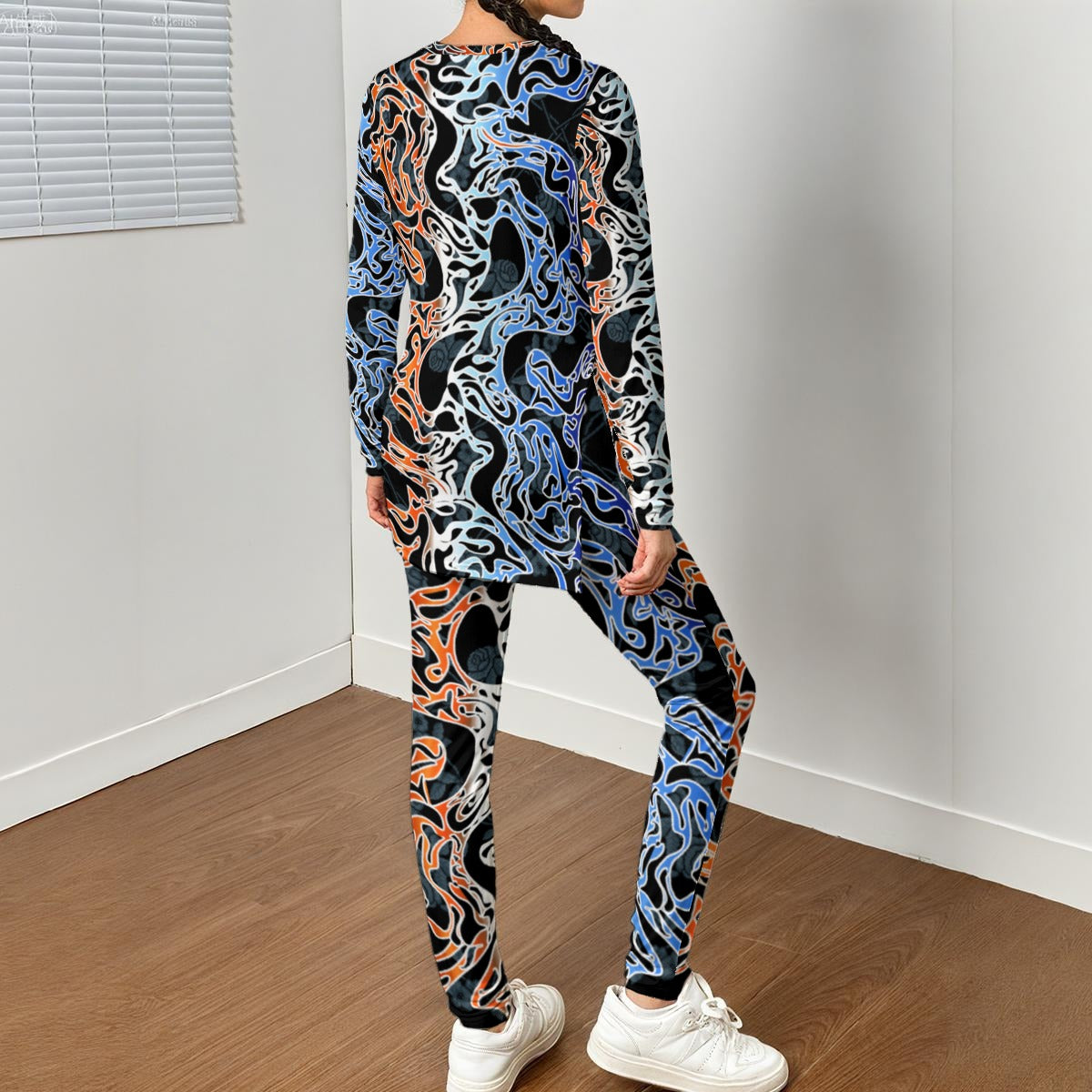 Black Waves In Colors All-Over Print Women's Side Split T-shirt Set