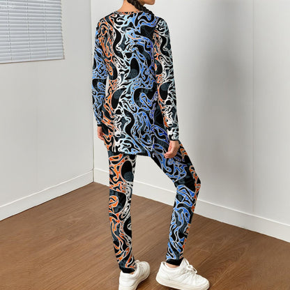 Black Waves In Colors All-Over Print Women's Side Split T-shirt Set