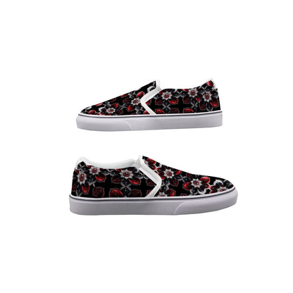 Rhinestone Flowers And Crosses In Black Women's Slip On Sneakers