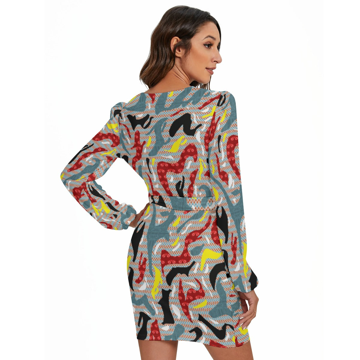 Coloful Maze All-Over Print Women's Long Sleeve Dress With Waist Belt