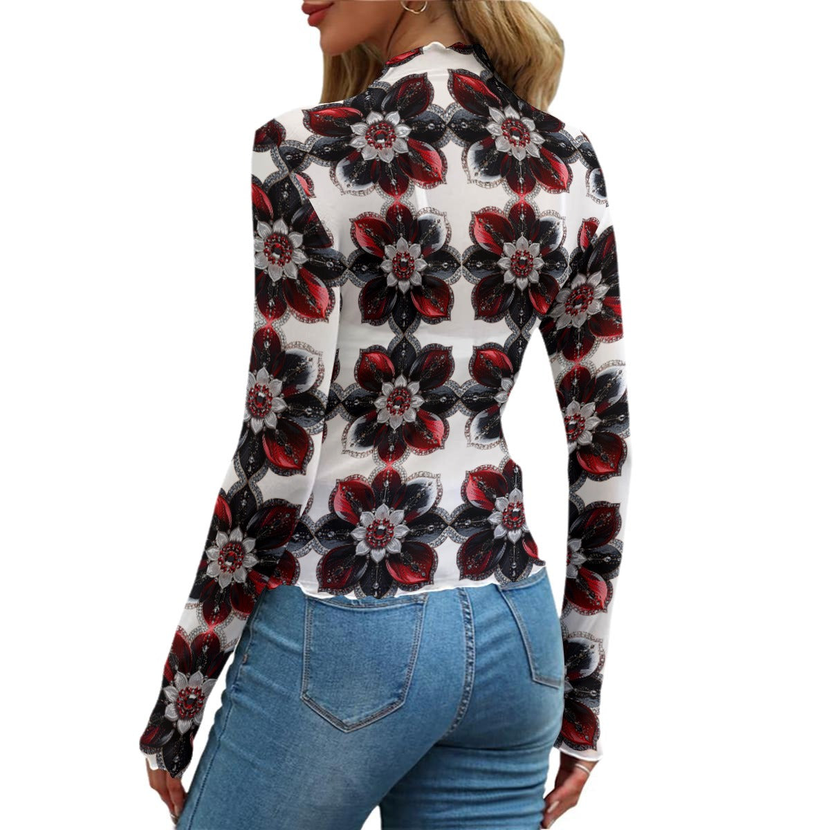 Rhinestone Flowers And Crosses In White All-Over Print Women's Mesh T-shirt