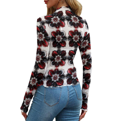 Rhinestone Flowers And Crosses In White All-Over Print Women's Mesh T-shirt