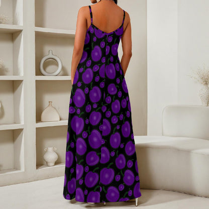Purple Plums In Black All-Over Print Women's Elegant V-Neck Maxi Dress