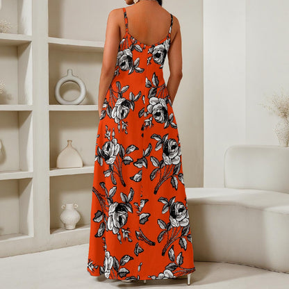 Black And White Roses In Orange All-Over Print Women's Elegant V-Neck Maxi Dress