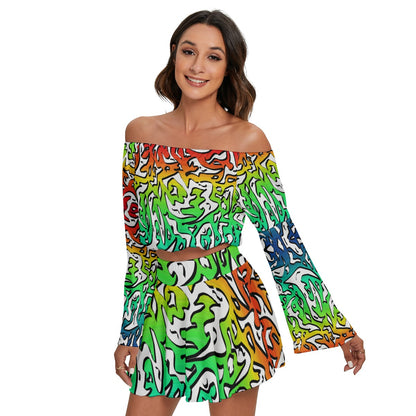 Colorful Maze All-Over Print Women's Off-shoulder Top And Skirt Set
