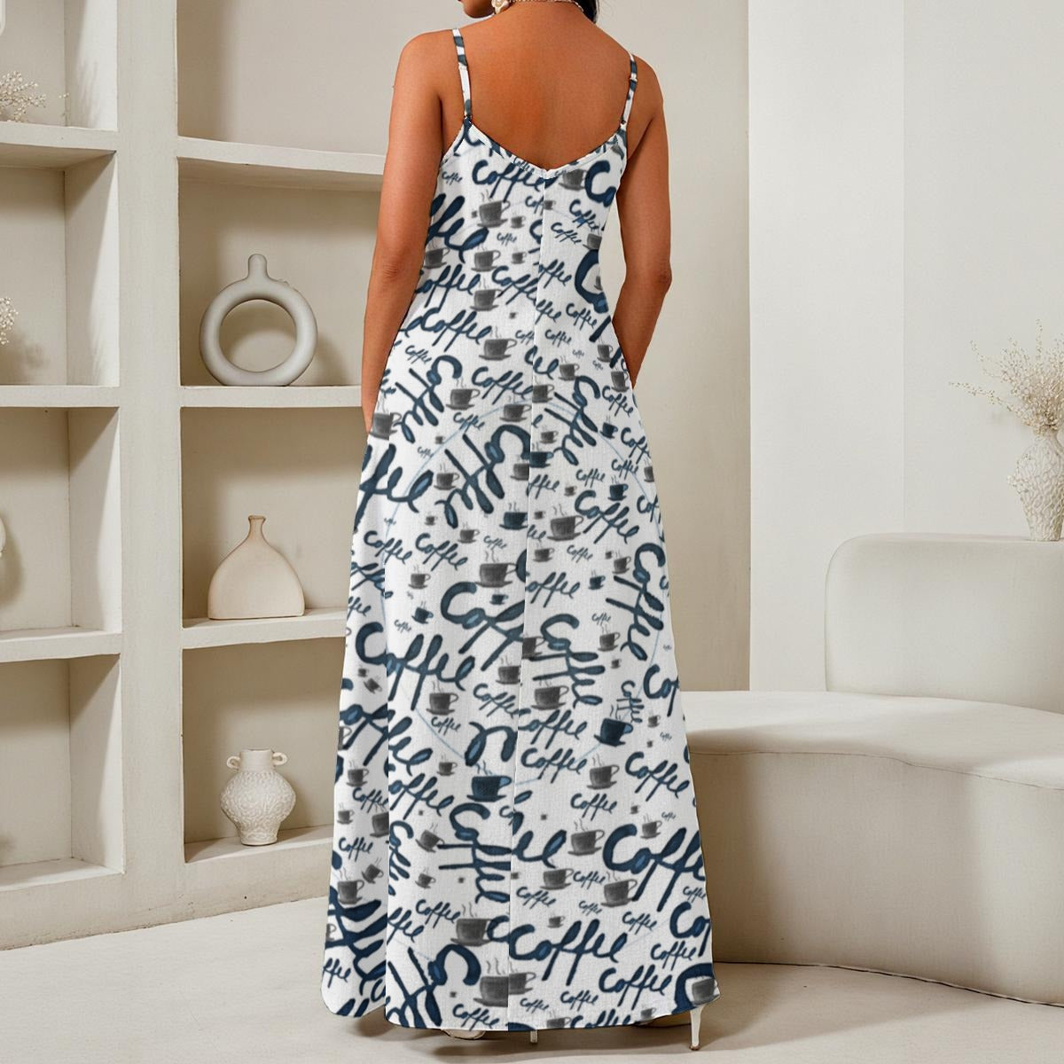 Hot Coffee All-Over Print Women's Elegant V-Neck Maxi Dress