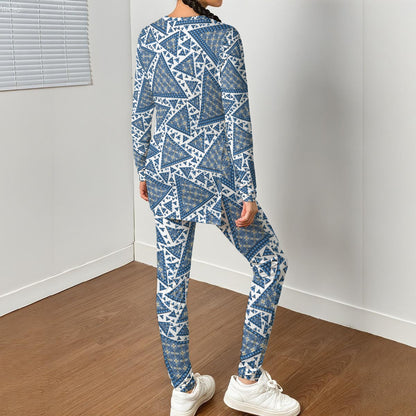 Blue Triangles All-Over Print Women's Side Split T-shirt Set