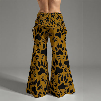 Paw Prints In Brown All-Over Print Women's High Waist Wide Leg Pants