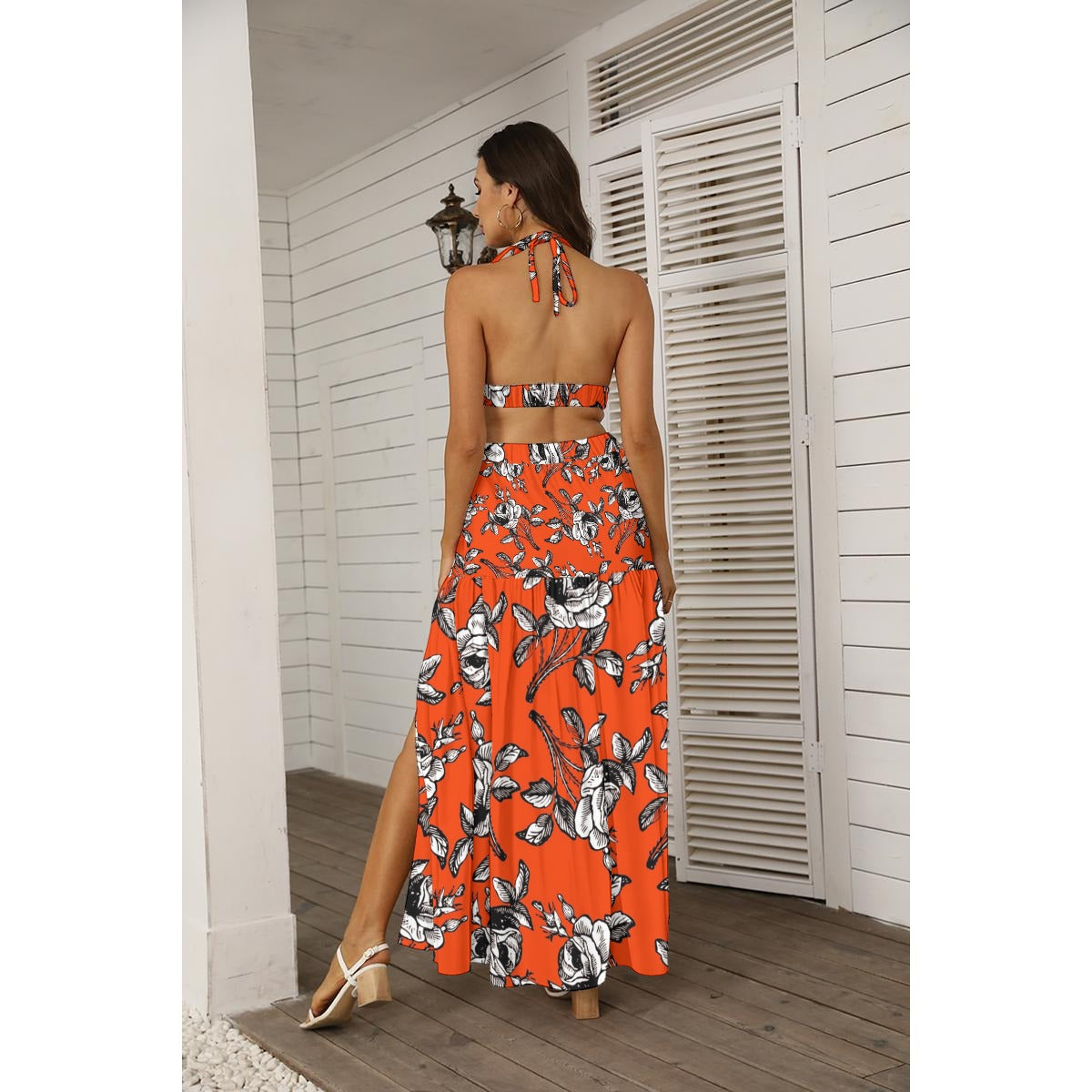 Black And White Roses In Orange All-Over Print Women's Tie Back Wrap Dress