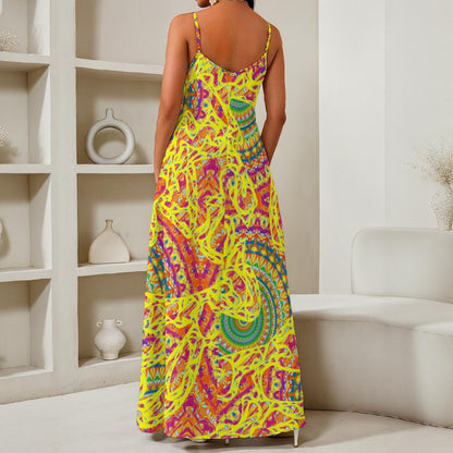Festival In Yellow All-Over Print Women's Elegant V-Neck Maxi Dress