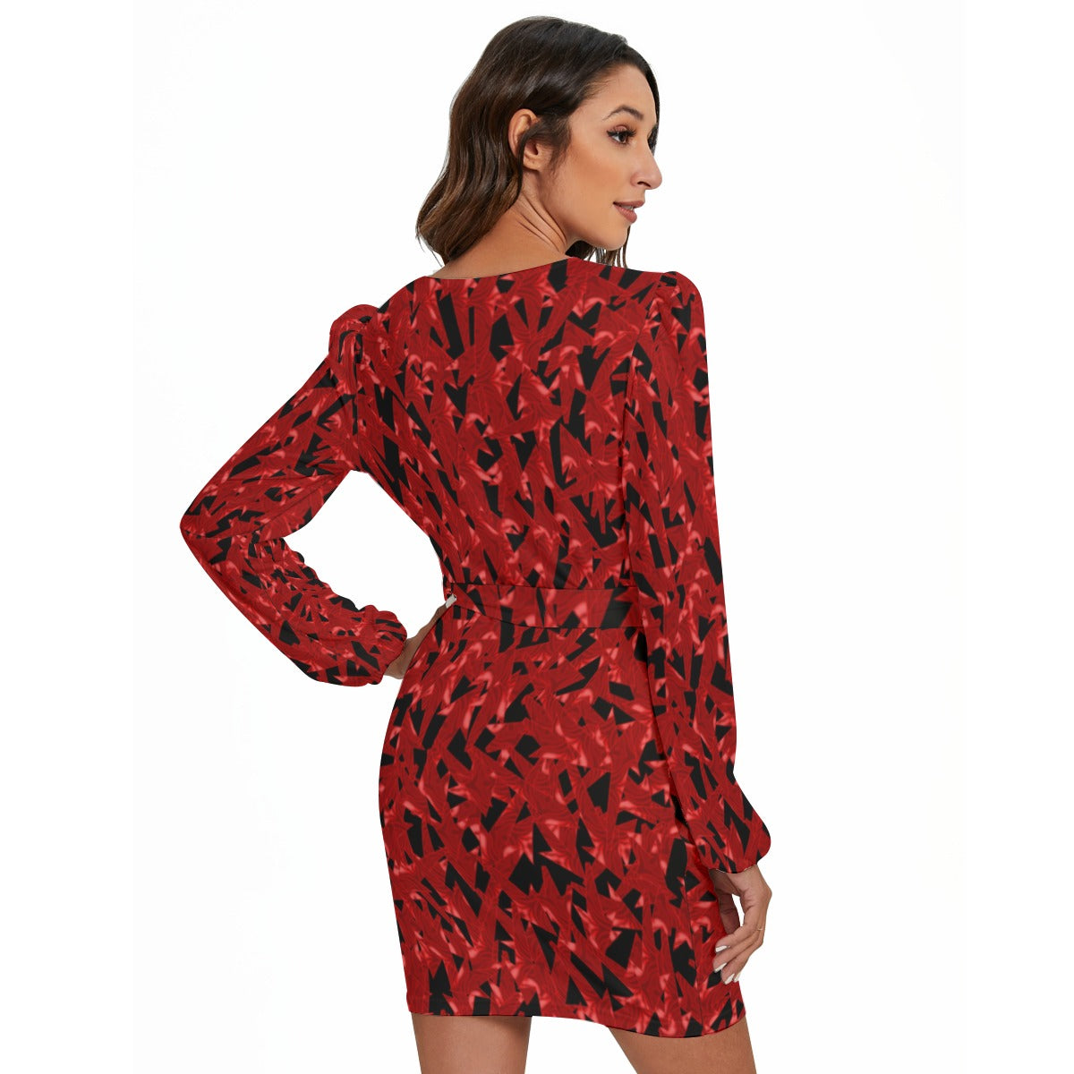Stormy Red All-Over Print Women's Long Sleeve Dress With Waist Belt