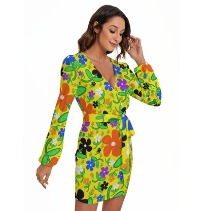 Colorful Flowers In Yellow All-Over Print Women's Long Sleeve Dress With Waist Belt