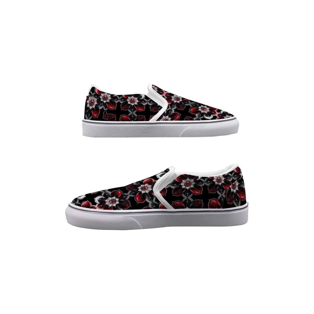 Rhinestone Flowers And Crosses In Black Women's Slip On Sneakers