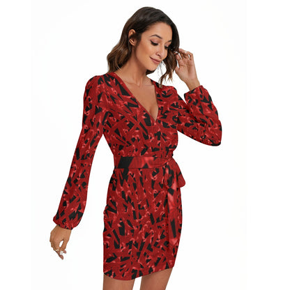 Stormy Red All-Over Print Women's Long Sleeve Dress With Waist Belt