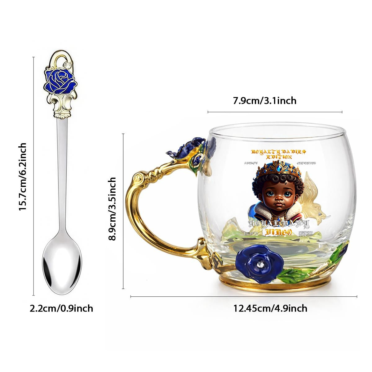 VIRGO 12OZ Enamel Floral Glass Mug With Spoon