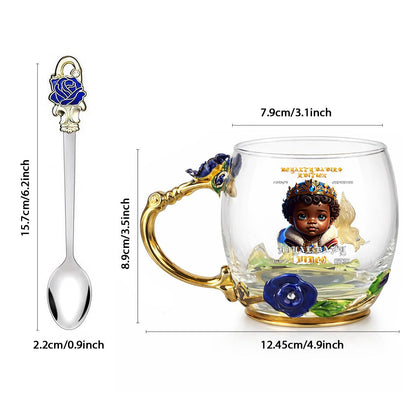 VIRGO 12OZ Enamel Floral Glass Mug With Spoon