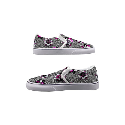 Rhinestone Pink Flowers In Black And White Women's Slip On Sneakers