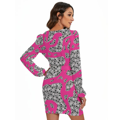 Camouflage Skulls In Pink All-Over Print Women's Long Sleeve Dress With Waist Belt