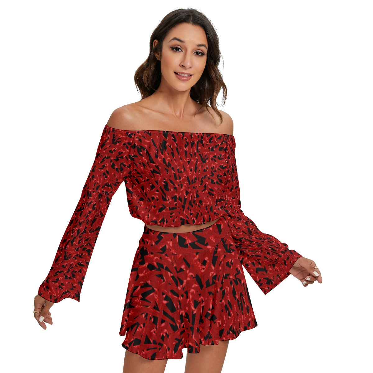 Stormy Red All-Over Print Women's Off-shoulder Top And Skirt Set