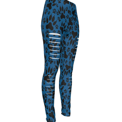Paw Prints In Blue All-Over Print Women's Ripped Leggings