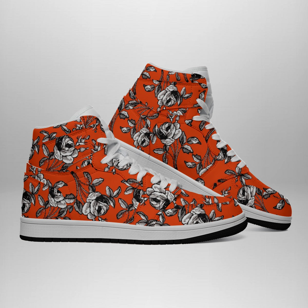 Black And White Roses In Orange Women's Faux Leather Stitching Shoes