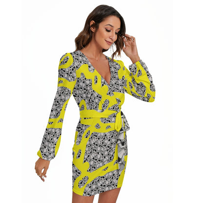 Camouflage Skulls In Yellow All-Over Print Women's Long Sleeve Dress With Waist Belt