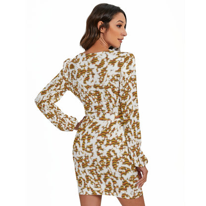 Frosty All-Over Print Women's Long Sleeve Dress With Waist Belt