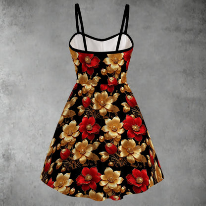 Heavenly Floral In Black print Women's Spaghetti Strap Dress