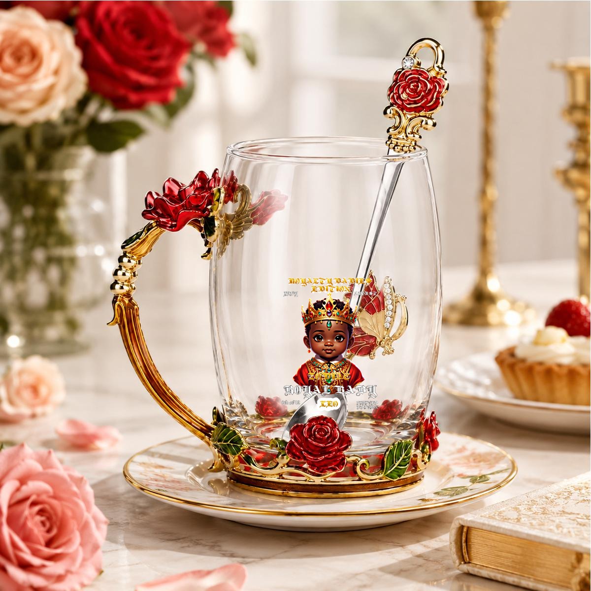 LEO ZODIAC ROYAL BABIES EDITION 2026 14OZ Enamel Flower Glass Mug With Spoon