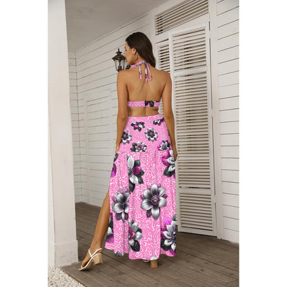 Rhinestone Pink Flowers In Pink All-Over Print Women's Tie Back Wrap Dress