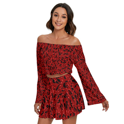 Stormy Red All-Over Print Women's Off-shoulder Top And Skirt Set