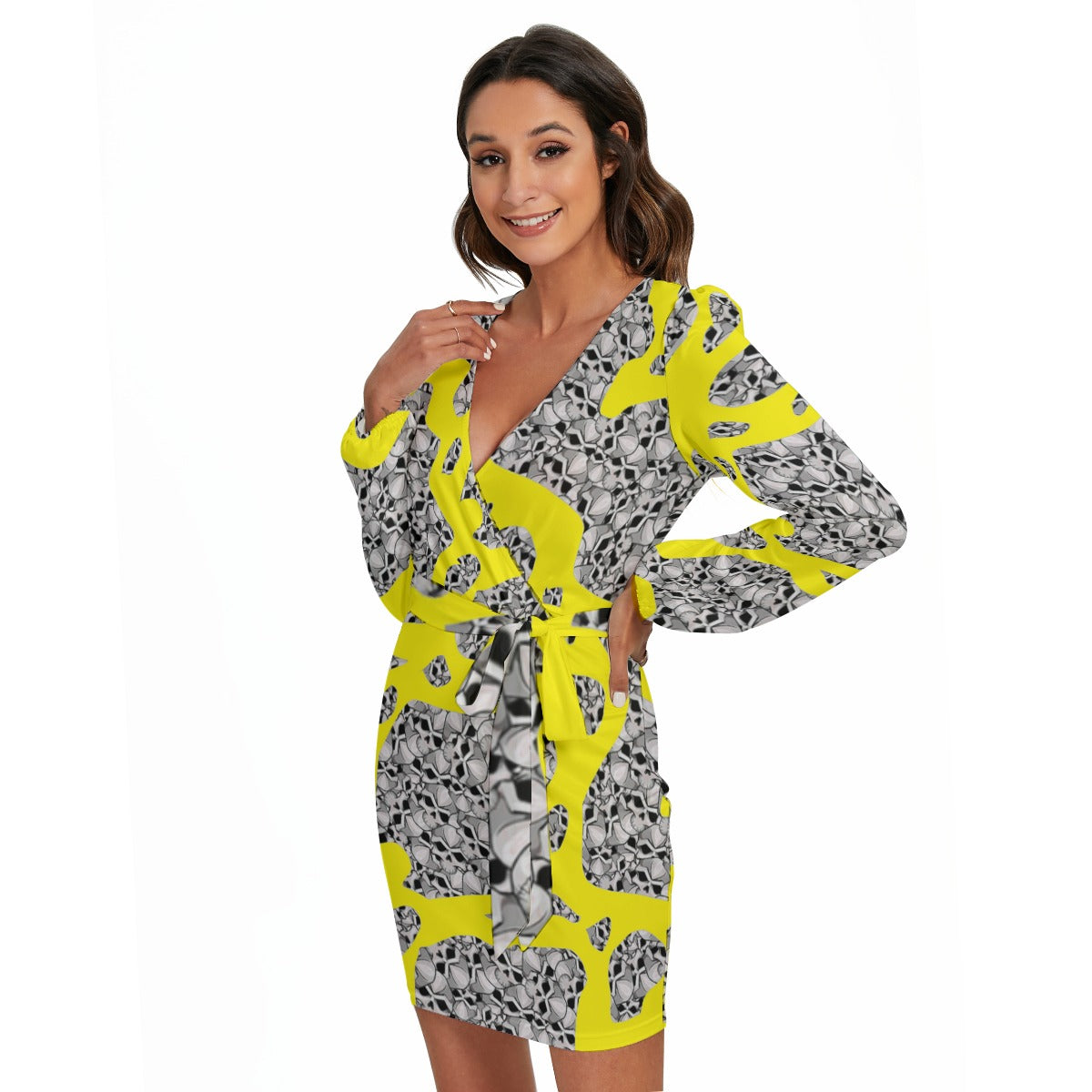 Camouflage Skulls In Yellow All-Over Print Women's Long Sleeve Dress With Waist Belt