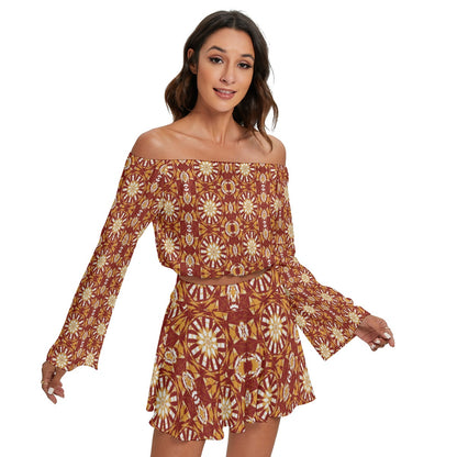 Tribal All-Over Print Women's Off-shoulder Top And Skirt Set