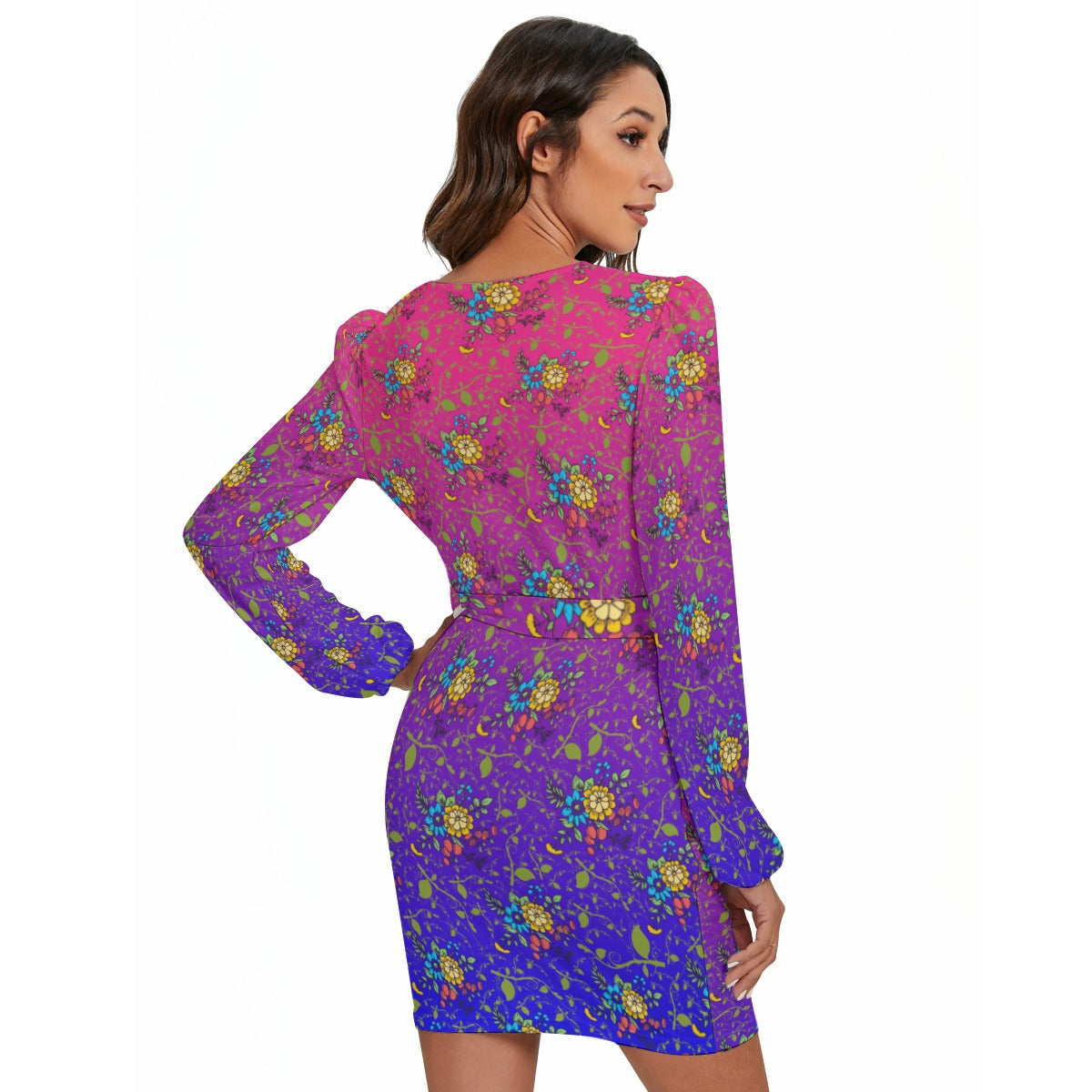 Purple Patch All-Over Print Women's Long Sleeve Dress With Waist Belt