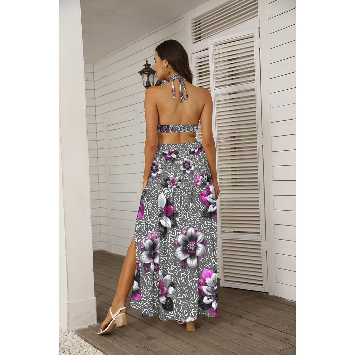 Colorful Rhinestone Flowers In Black All-Over Print Women's Tie Back Wrap Dress