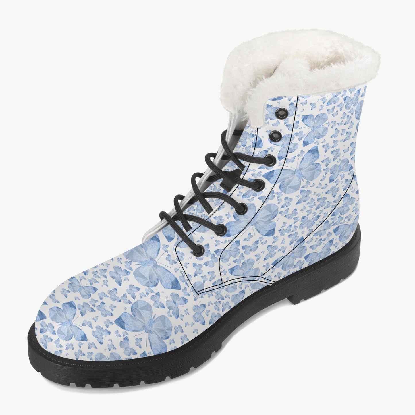 Blue Butterflies In White Faux Fur Leather Boots