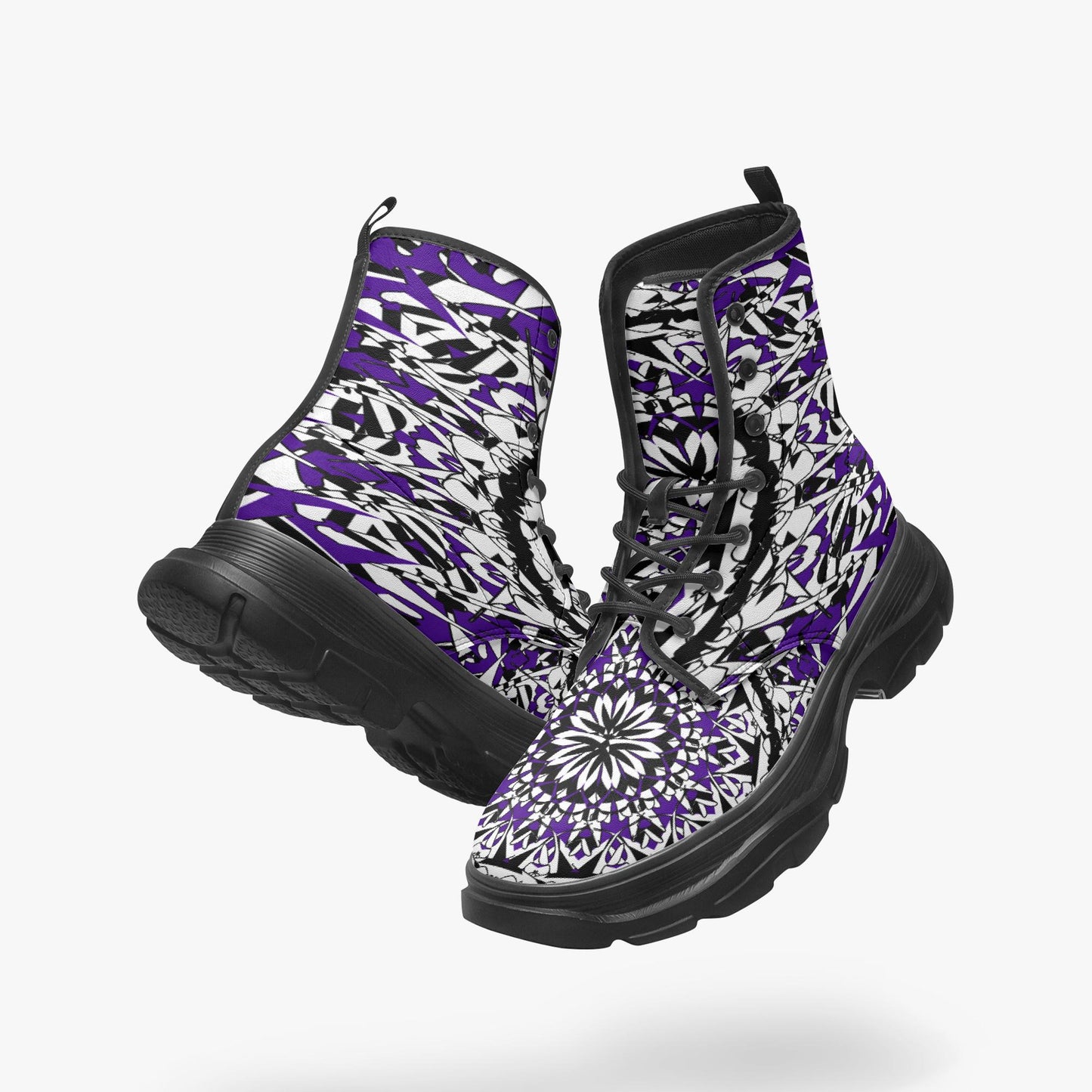 Flower Bloom In Purple Casual Leather Chunky Boots