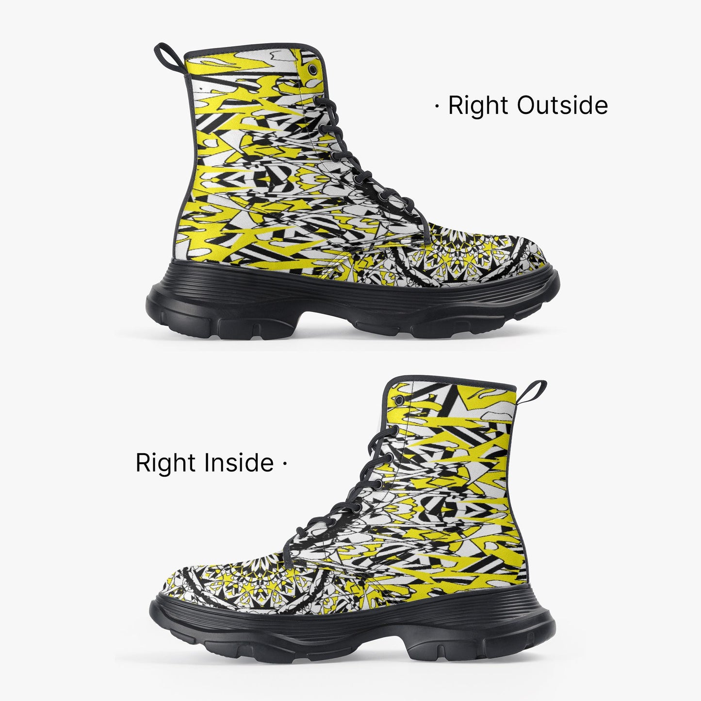 Flower Bloom In Yellow Casual Leather Chunky Boots