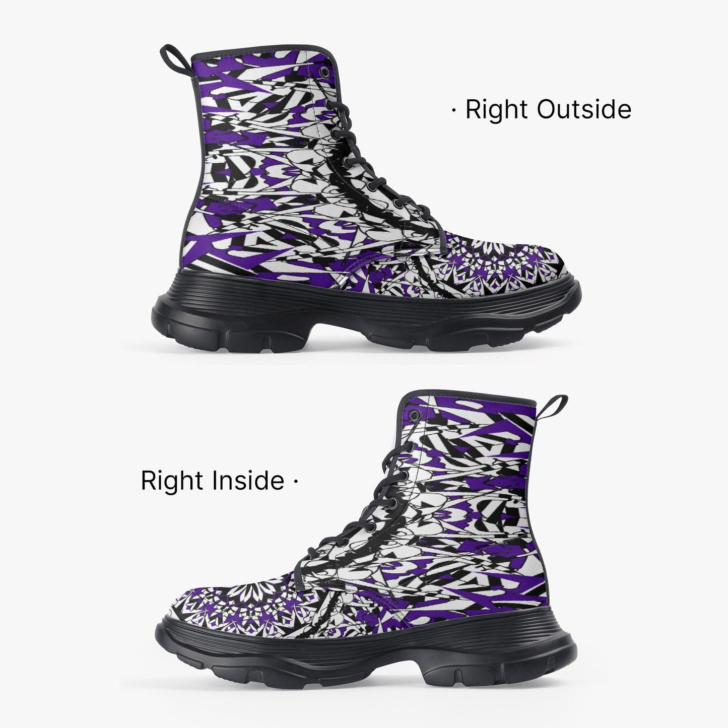 Flower Bloom In Purple Casual Leather Chunky Boots