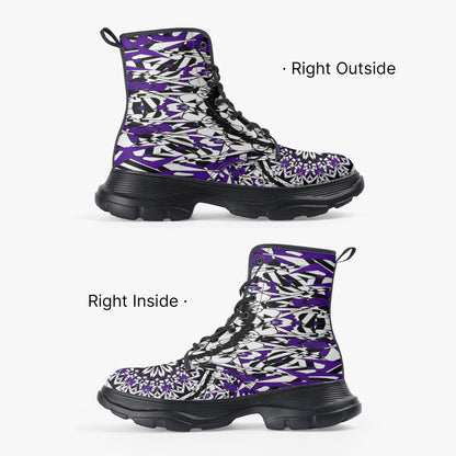 Flower Bloom In Purple Casual Leather Chunky Boots