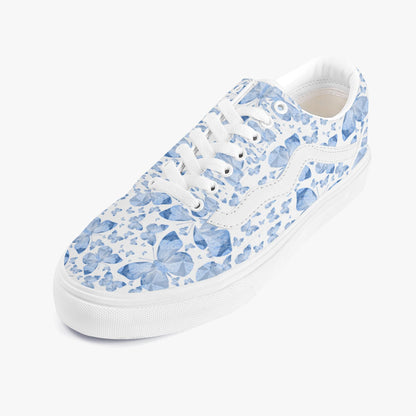 Blue Butterflies In White Trendy Low-Top Canvas Sneakers