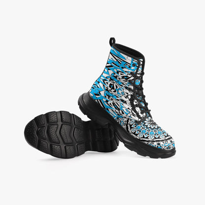 Flower Bloom In Blue Casual Leather Chunky Boots