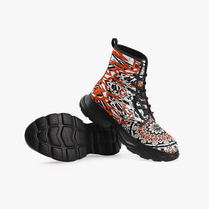 Flower Bloom In Orange Casual Leather Chunky Boots