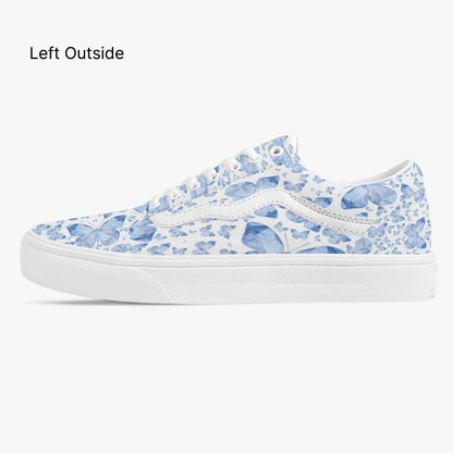 Blue Butterflies In White Trendy Low-Top Canvas Sneakers