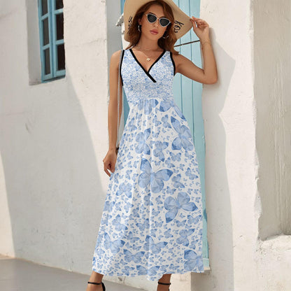 Blue Butterflies In White V-neck Sleeveless Dress